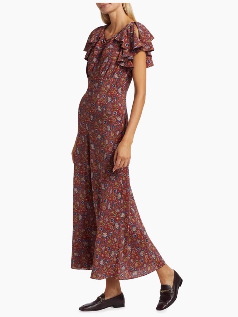 Doen Rust Floral Ruffle-Sleeve Maxi Dress
